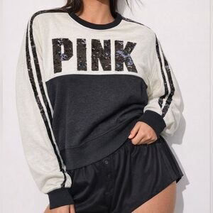 Victorias Secret Pink GRAPHIC Sequins Bling Varsity Crew LIM ED Sweatshirt S